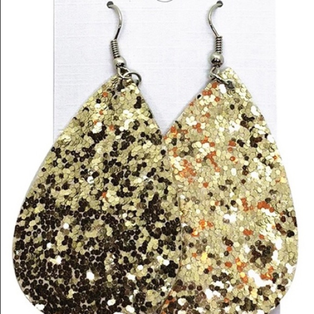 Gold Glitter Sequins  Leather Teardrop Earrings